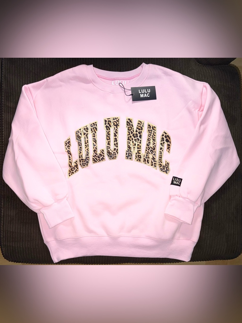 NWT Lulu Mac Pink Crewneck Sweatshirt with Leopard Print Logo